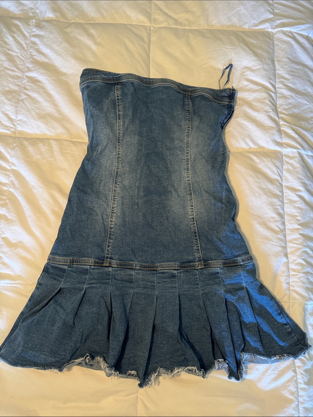 Bershka Light Blue Denim Strapless Mini Dress